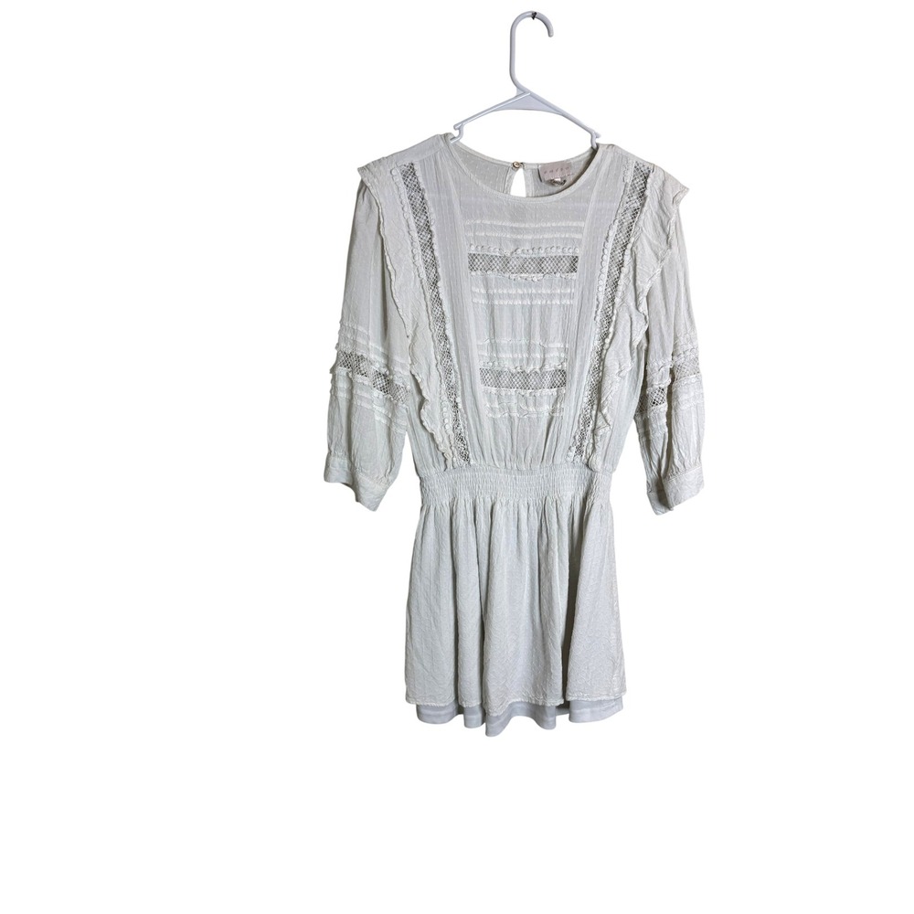 Entro Dress Womens Medium White Lace Boho 3/4 Sleeve Smocked Waist Peasant Mini